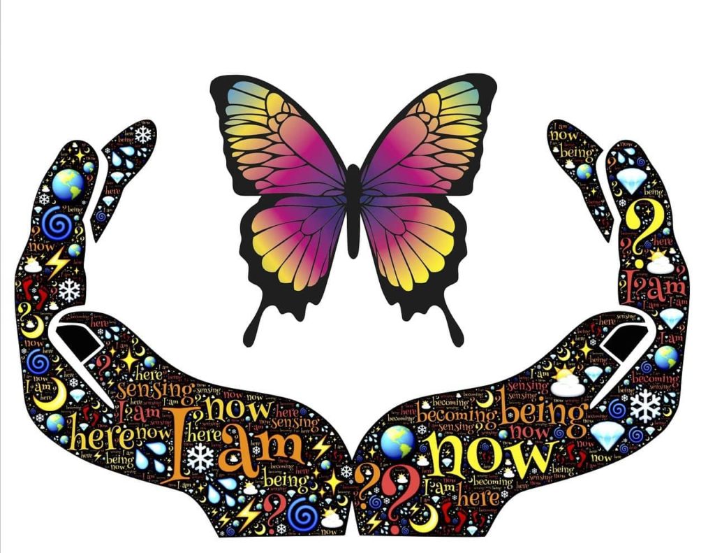 spiritual awakening illustration 2 hands with words inside them: "I am now" surrounding a butterfly