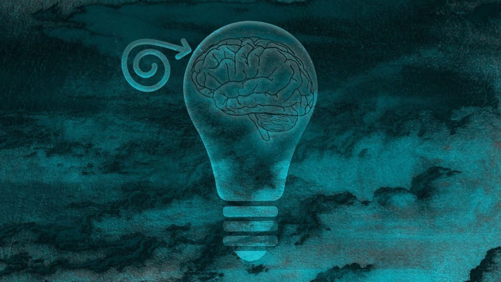 Brain in lightbulb in clouds