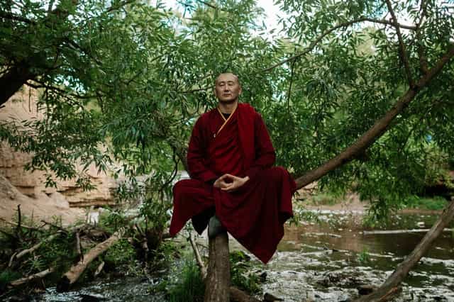 happiness is a state of mind Buddhist monk meditating on a tree