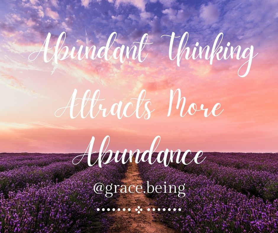 abundance mindset course by Grace Being: "abundant thinking attracts more abundance" with beautiful purple flower field and purple sky in the background