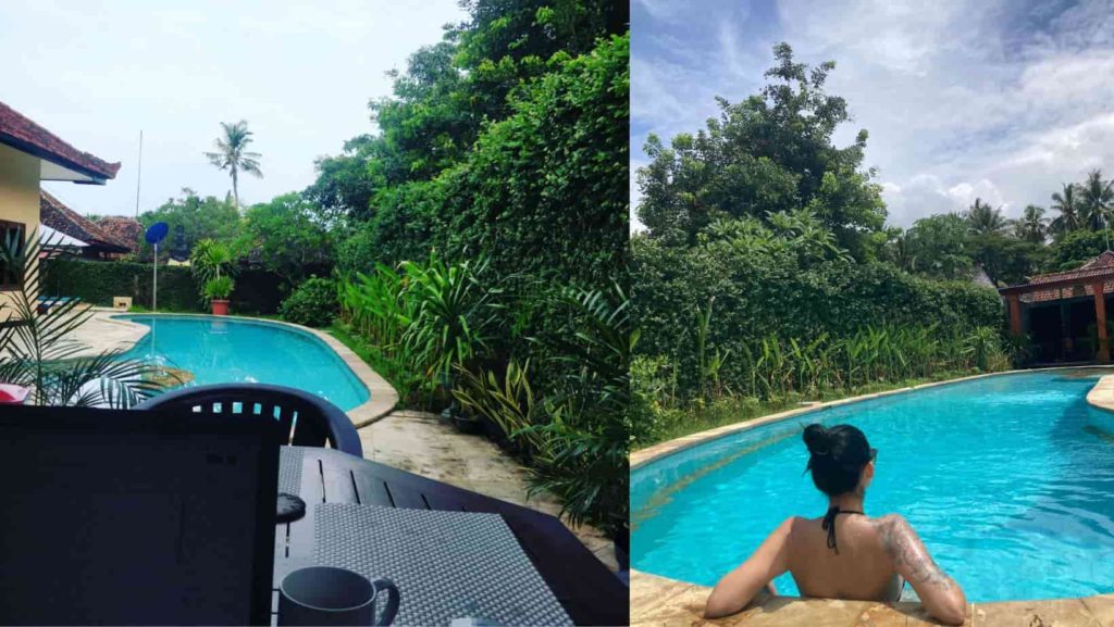 photos of Grace Being working next to her pool and beautiful garden in Bali thanks to quantum jumping manifestation and the quantum shift