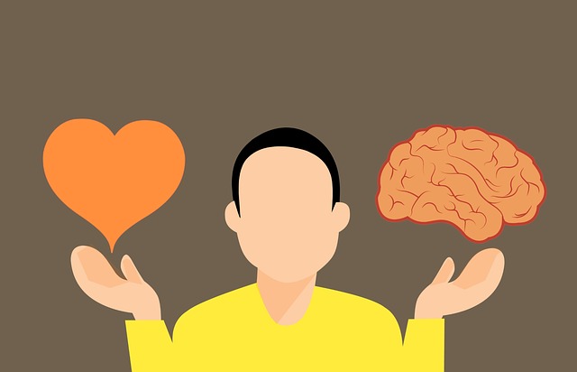 a cartoon guy holding brain in one hand and heart in the other trying to make a decision