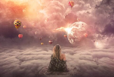 a woman in the clouds sitting on a flying carpet staring at planet Earth and hot air balloons as if her soul purpose was staring the planet before incarnating