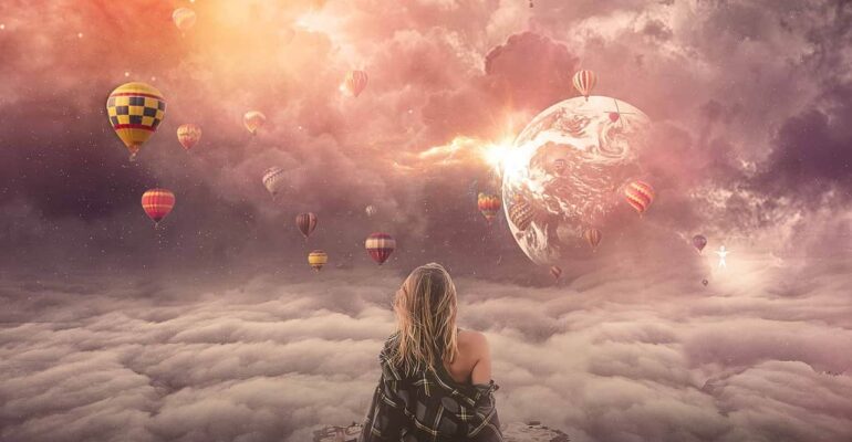 a woman in the clouds sitting on a flying carpet staring at planet Earth and hot air balloons as if her soul purpose was staring the planet before incarnating