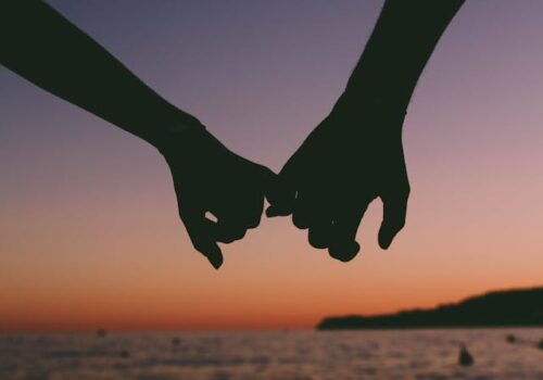 a couple holding hands in front of the sea watching the sunset depicting trust