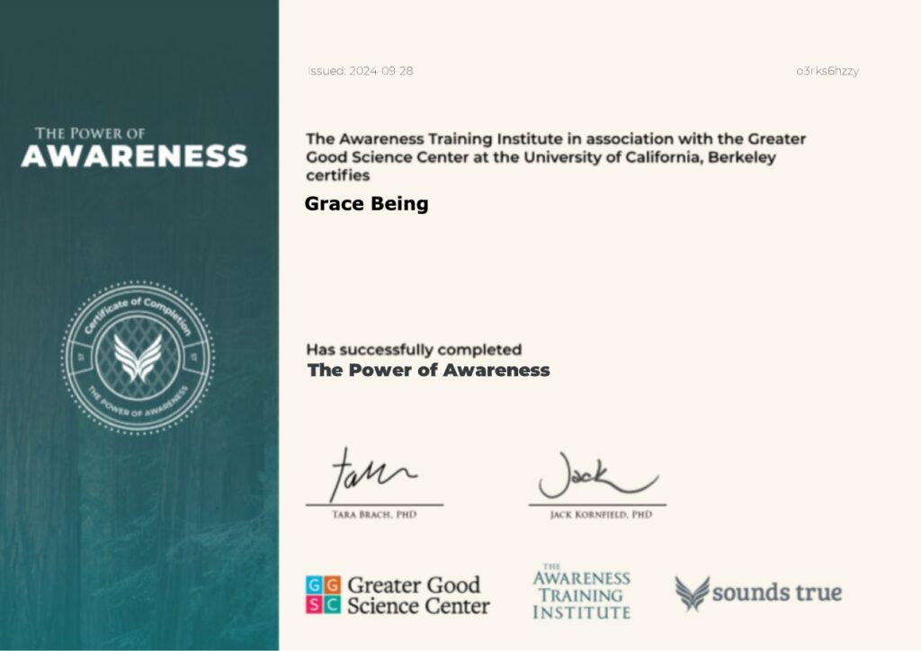 Grace Being Meditation Teacher certificate by The Power of Awareness Institute